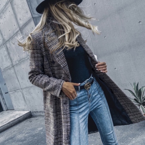 Classic black plaid trench fall button pea coat jacket - Picture 2 of 7